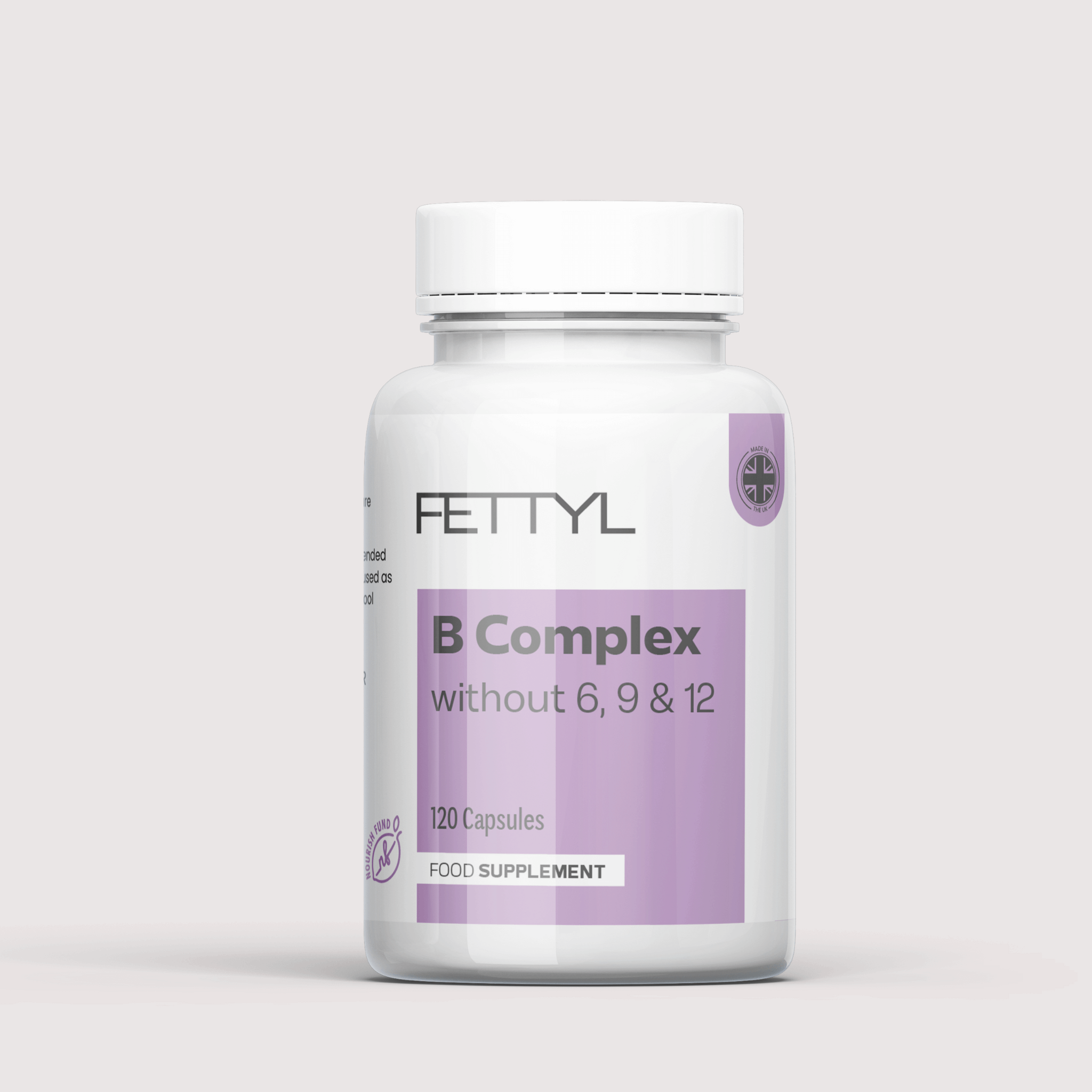 B Complex without 6, 9 & 12 white supplement bottle with lilac label on light grey background - FETTYL