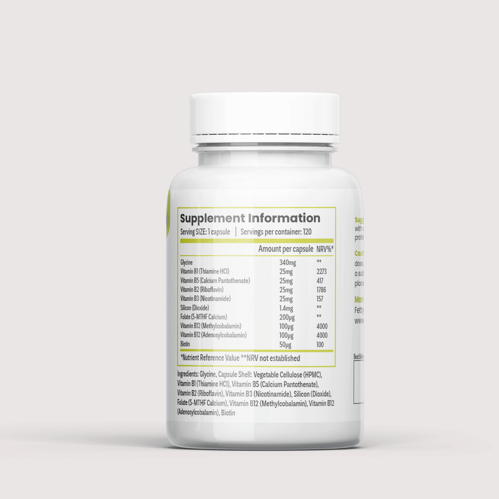 B Complex without B6  ingredients label on bottle - FETTYL