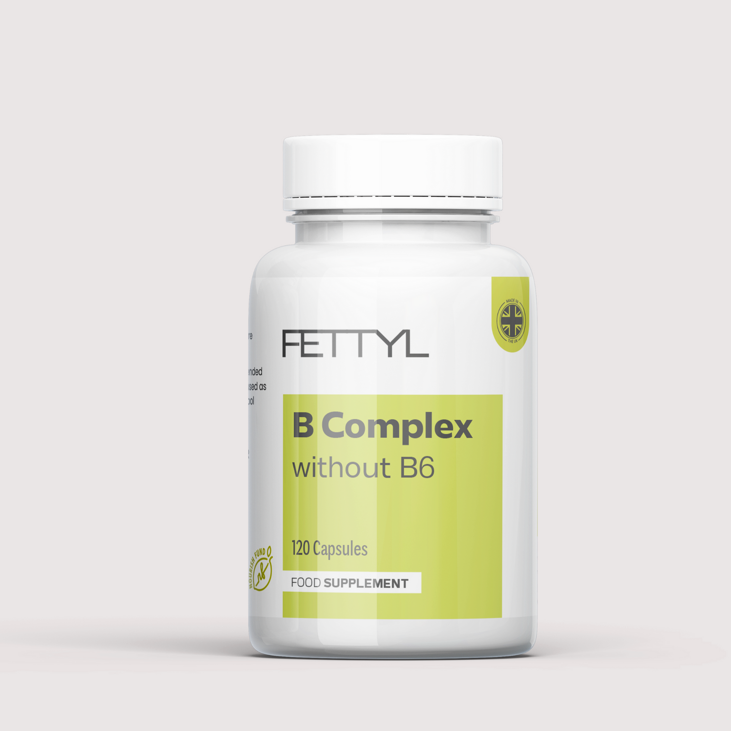Fettyl B Complex without B6 supplement bottle on a light gray background
